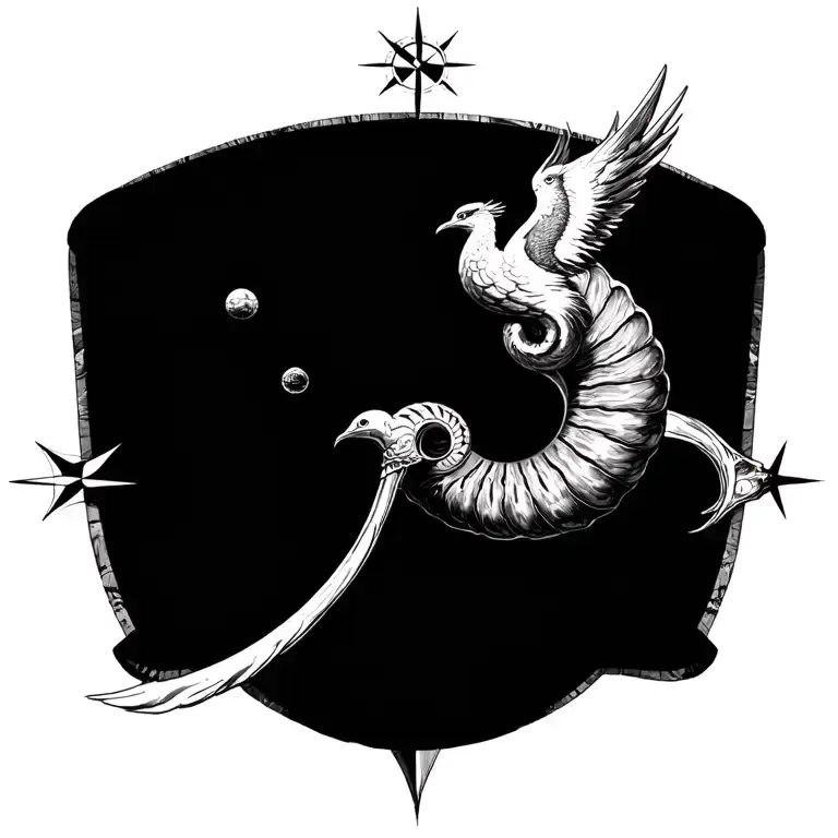 Nautilus Inset With Compass And Phoenix Tail On South Point And Orbs At Other Points