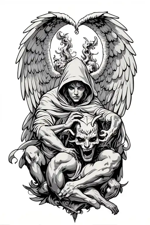 Hooded Arch Angel Defeating A Satan Red Black