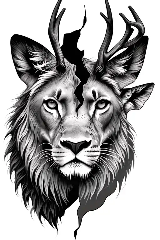 A Head Cut In Two On One Side A Lioness On The Other A Deer
