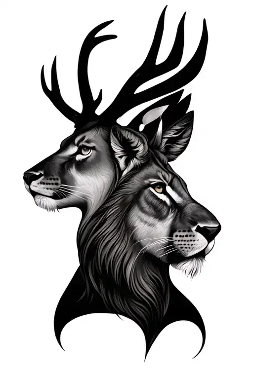 A Shared Head On One Side A Lioness On The Other A Deer