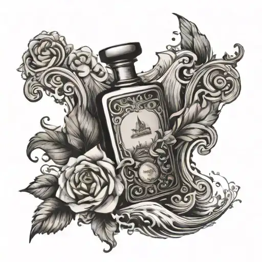 An Intricate Black And Grey Tattoo Of A Vintage Fragrance Bottle Surrounded By Ocean Waves