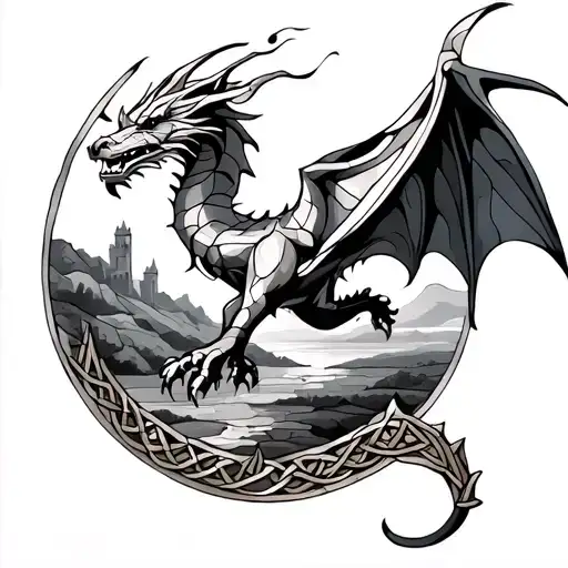Stained Glass Inspired Design Of A Celtic Dragon Flying Over A Scottish Landscape