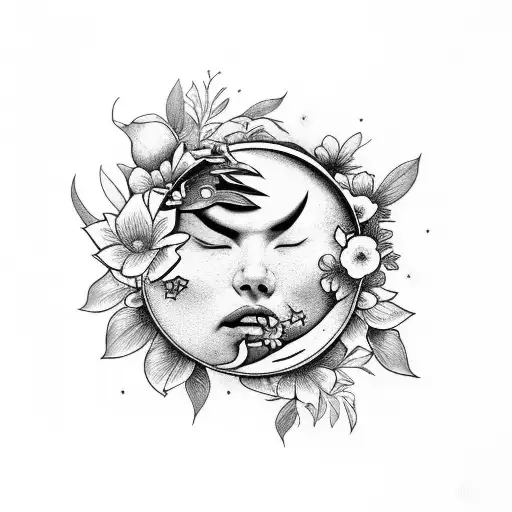 A Sleeping Moon Surrounded By A Garden Of Flowers