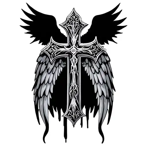 Gothic Cross With Filagreee Engraving And Ange Wings
