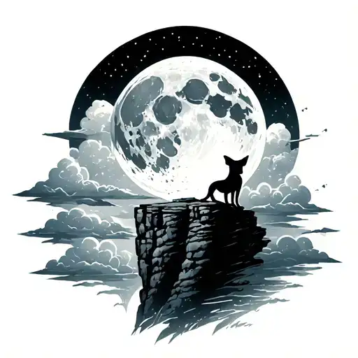 Dog Looking At Moon Covered With Clouds On A Cliff
