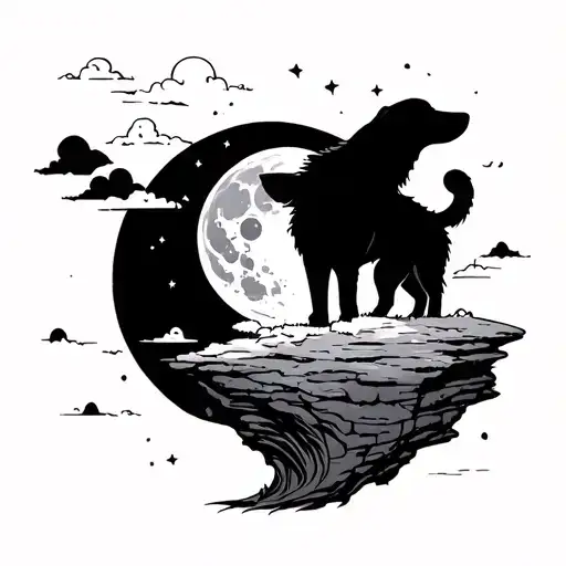 Dog Looking At Moon Covered Vith Clouds On A Cliff