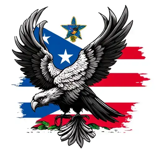 Puerto Rican Flag With Phoenix Bird Sitting