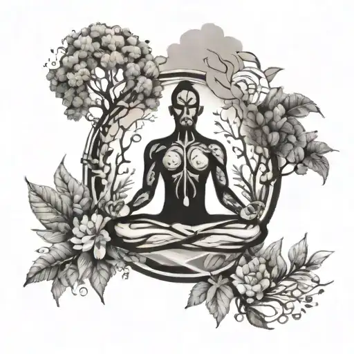 An Abstract Tattoo Featuring A Meditating Figure Surrounded By Nature Elements