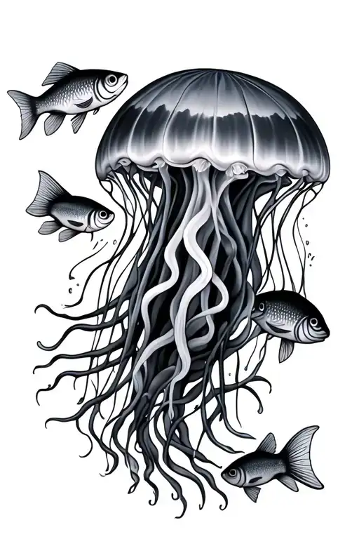 Jellyfish With 3 Fish Swimming Through And Around It