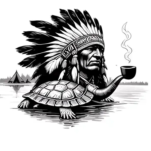 Indian Chief Smoking Pipe Shaped Like Turtle Infront Of Riverside Indian Camp