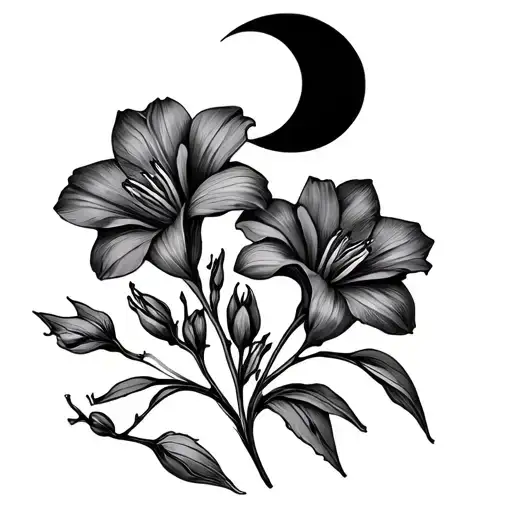 Freesia Flowers With A Thin Lined Heart And Waning Crescent Moon
