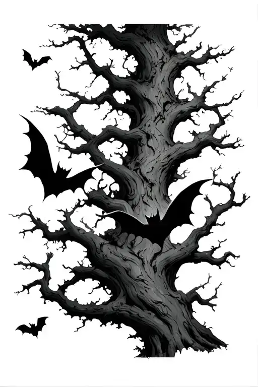 Tree Branches With Bats Flying Across