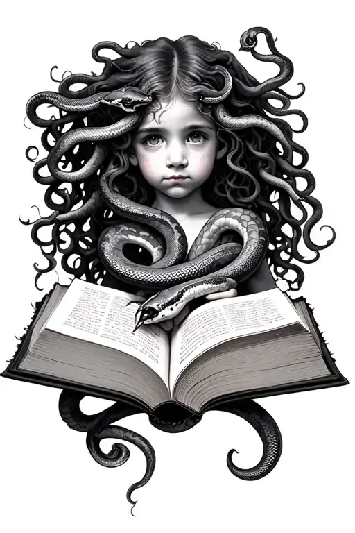 Child Medusa With Snake Hair Tattoo Holding Open Book