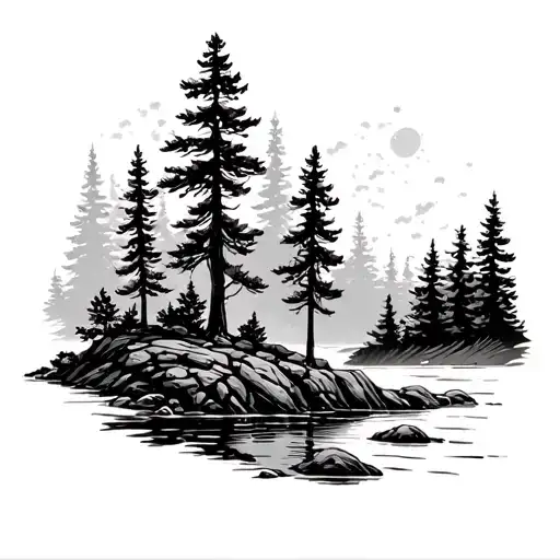 Pine Trees And A Little Cliff By A Stream