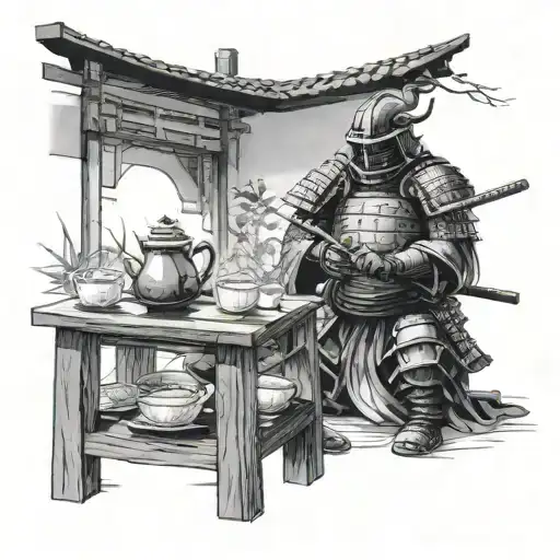 A Tea Ceremony Scene With Samurai Armor And Katana Displayed As Art Pieces