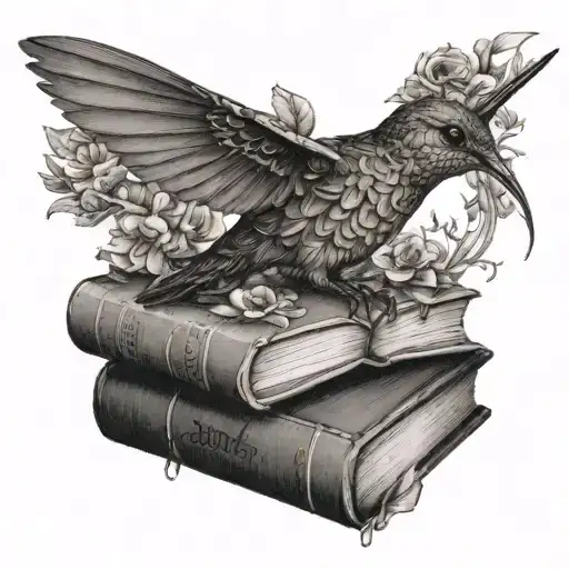 A Hummingbird Perched On A Stack Of Books With Intricate Nature Elements Intertwined