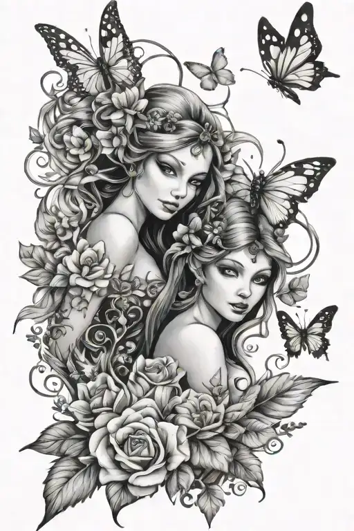 Elf Fairy And Mermaid With Flowers And Butterflies
