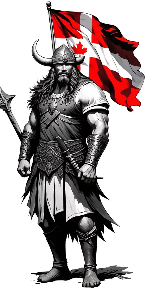 Viking Warrior With Denmark Flag And Canadian Flag