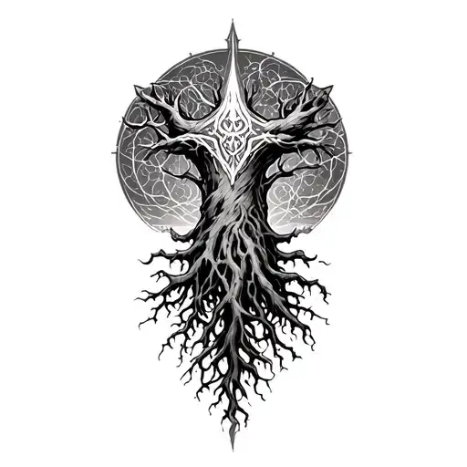 Norse Mythology Sleeve Tattoo Featuring Yggdrasill With The Roots Going To The Fingers