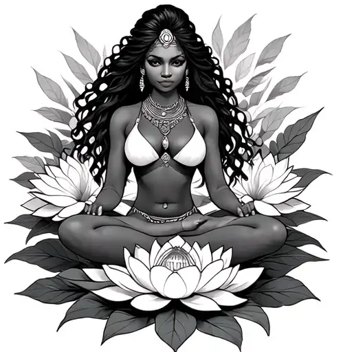 African American Warrior Woman Sitting In Blooming Lotus Flower