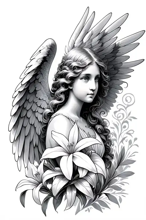 Angel With Wings And A Tiny Lily Flower