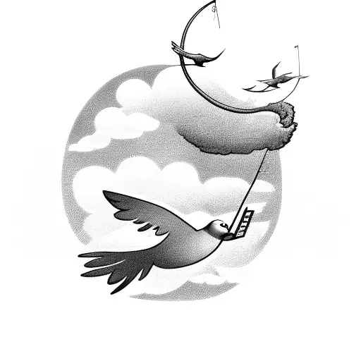 Doves Flying With A Person Fishing At A Lake In The Clouds