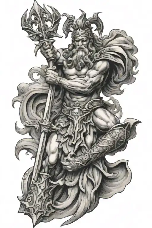 Poseidon Holding The Trident With A Spartan Warrior