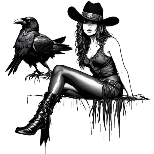 Full Length Cowgirl With A Raven Sitting