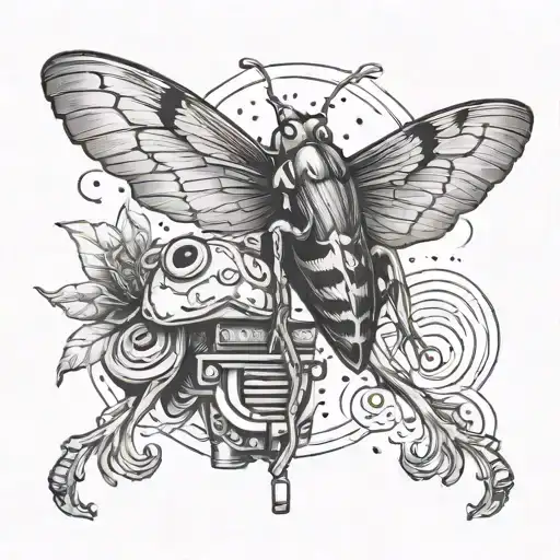A Black-grey Tattoo Design Of A Moth And Frog Collaborating On A Music Track In A Smoky Atmosphere