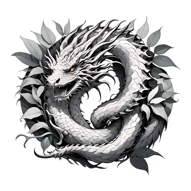 Dragon Coiled Around Plants And Leaves Intertwined