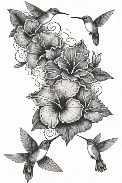 Hibiscus Flowers And Hummingbird Surrounded