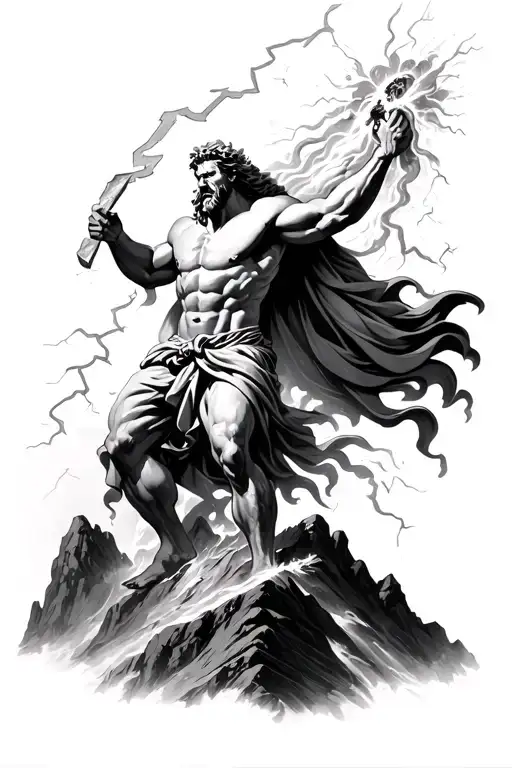 Angry Zeus Holding A Lightning And Throwing It Down A Mountain Realistic Tatto Style