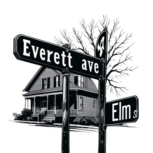 Everett Ave And Elm St On Street Signs With A House In The Back Ground And Yankee Symbol