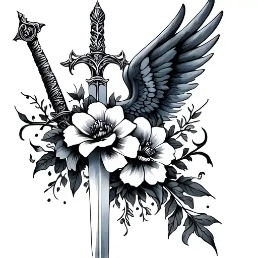 Fine Line Tattoo With Flowers And Wings And Sword Intertwined