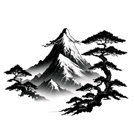 Japanese Mountain With Tree Atop