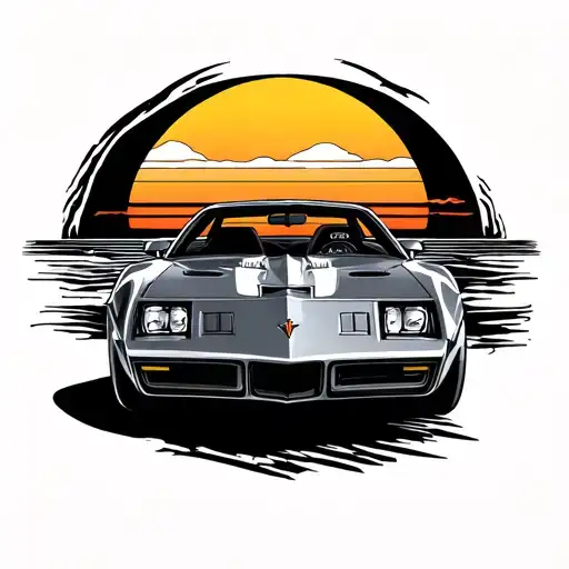 Simplified Poniac Firebird Trans Am Driving Into A Sunset