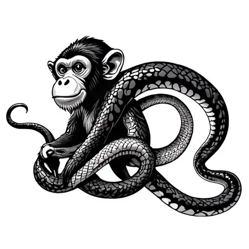 Fun Monkey And Snake Intertwined