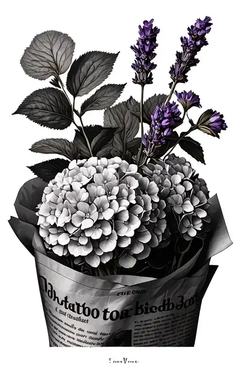 Fine Line Hydrangea Boquet Wrapped In Newspaper With Lavender