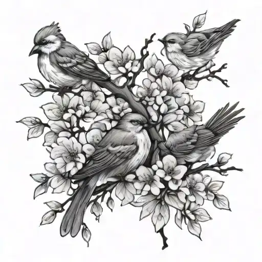 4 Birds Take Away On Cherry Tree Flowers Branch