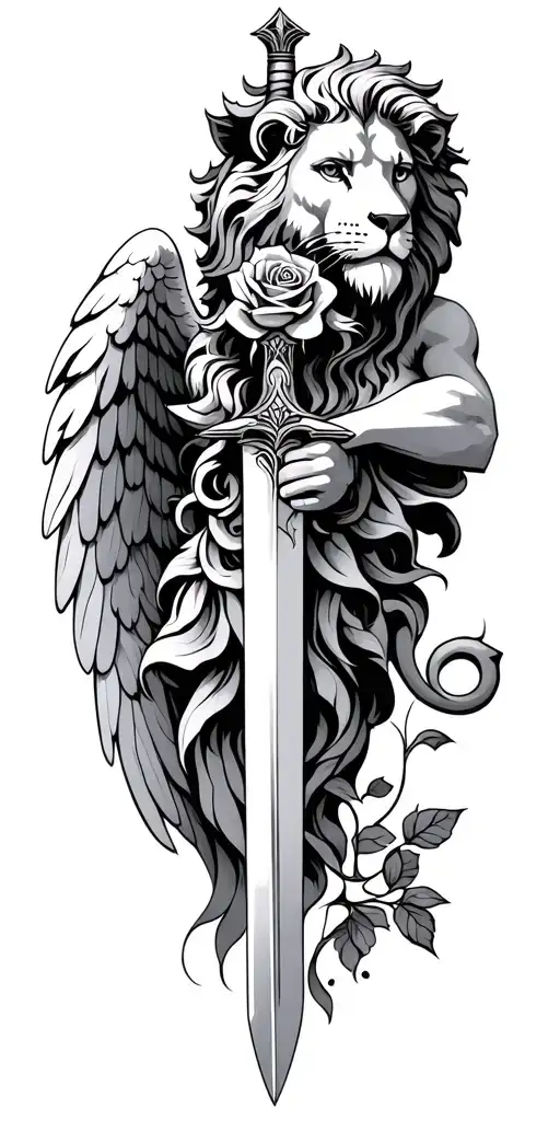 Angel Holding A Sword Rose Lion