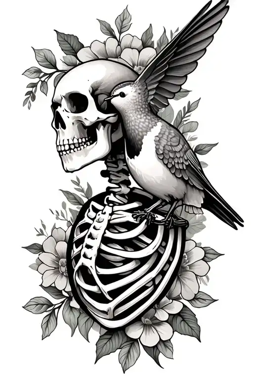 Side Profile Of A Skeleton Holding A Hummingbird Tattoo With Floral Background