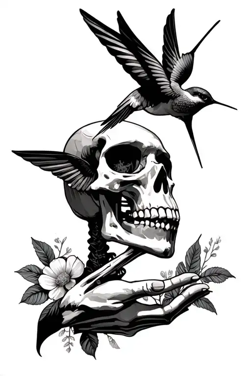 Side Profile Of A Skeleton Holding A Hummingbird Tattoo In One Hand With Floral Background