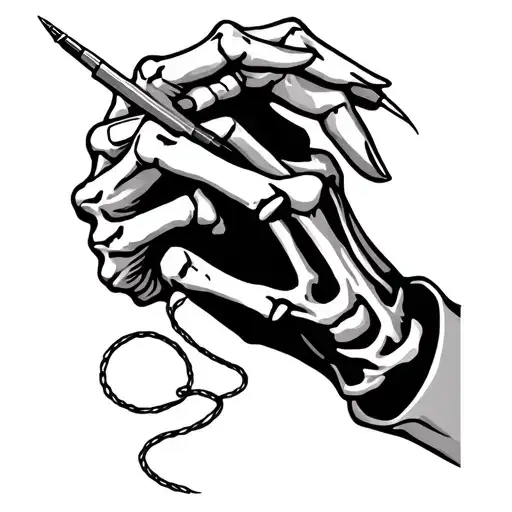 Skeleton Hand Holding A Needle And Thread Attached To A Needle