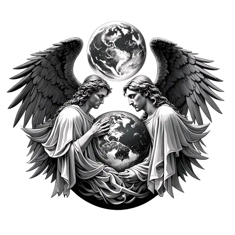 Arch Angels Gabriel And Michael Watching Over The Souls Of The Earth In A Dark Style