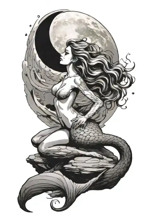 Mermaid On A Rock Looking At The Moon The Moon Has Pricked