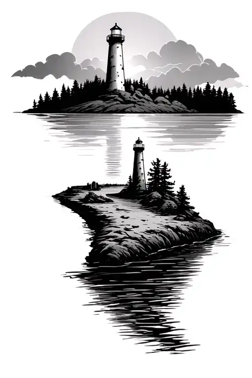 River Mouth Leading To Lake With Lighthouse Island In The Lake And Sunset Background
