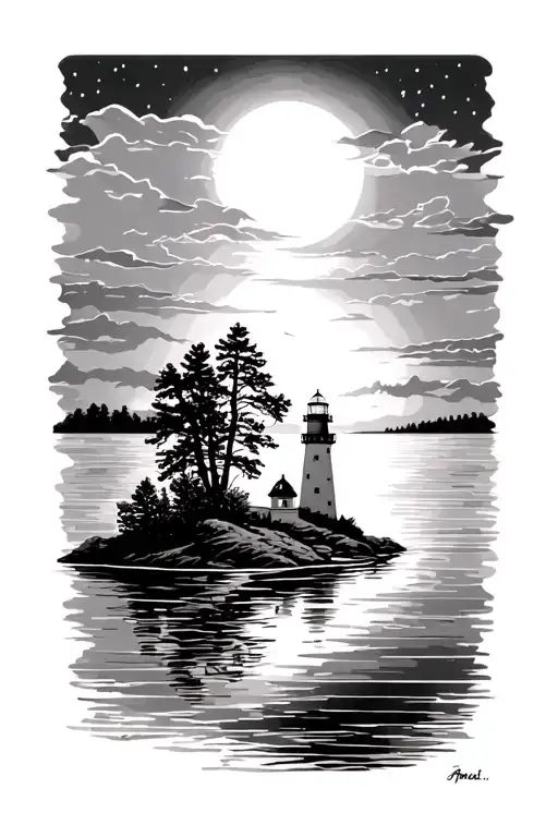 River Mouth Leading To Lake With Lighthouse Island In The Lake And Sunset Background