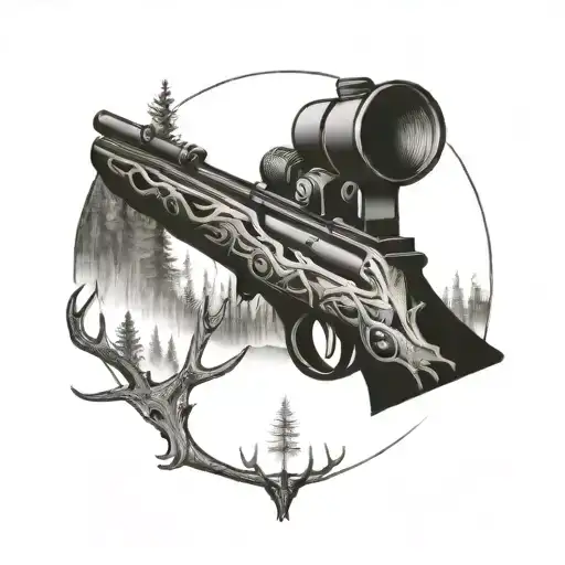 A Black-grey Tattoo Of A Hunting Rifle Intertwined With Antlers And Forest Scenery
