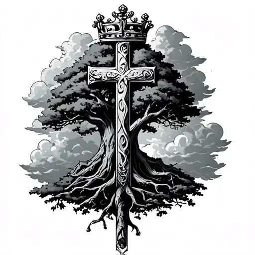 Cross With Crown And Clouds Surrounding Tree Of Knowledge