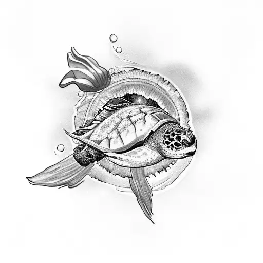 Sunflower And Wind Generator Upper Water With Turtle And Fish Under The Water